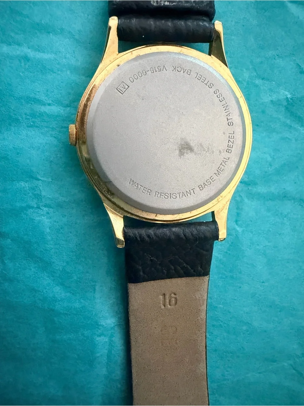 Disney Mickey Mouse Watch.  Black Leather Strap with Gold Case